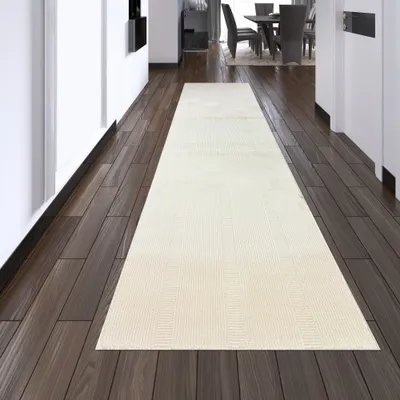 Produktbild von Recycle Teppich mit modernen ovalen Formen liniert in creme Größe - 80 x 300 cm