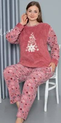Produktbild von Damen Große Größen Pyjama POLAR Rosa 4XL Schlafanzug 2-Teiler Set Lang Warm A-07