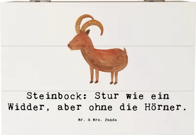 Produktbild von Mr. & Mrs. Panda Truhe Spruch Steinbock Entschlossen 22 x 15 cm - Weiß - Geschenk, mit deckel, Geschenke Sternzeichen, Tierkreiszeichen, Zielstrebigkeit, Geschenkbox, Box