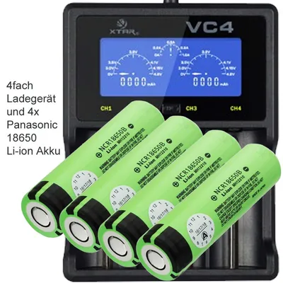 Zdjęcie produktu dla 4x akumulator litowo-jonowy Panasonic 18650 i 4x szybka ładowarka litowo-jonowa
