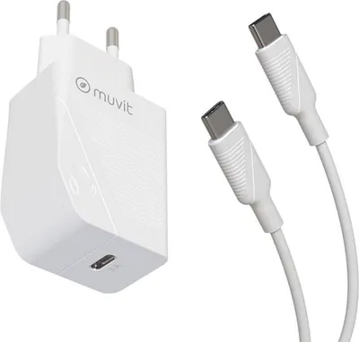 Zdjęcie produktu dla Muvit, zasilacz USB-C 20W 3A z kablem USB-C do USB-C 1,2m, biały