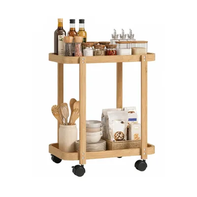 Produktbild von Küchenwagen – Aufbewahrungswagen – Doppelstöckiger Bambuswagen – Küchenregal – 2 Ablagen – Mit Rollen – 54 x 36,5 x 60 cm – Holzfarbe