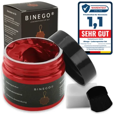 Produktbild von Binego® Lederreparaturset Leder & Kunstleder Reparatur Set | Lederreparatur Flüssigleder Lederfarbe Reparieren Reparaturset Aufbereitung | Rot