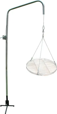 A stainless steel grill gallows with a hanging grill grate, photographed against a white background.