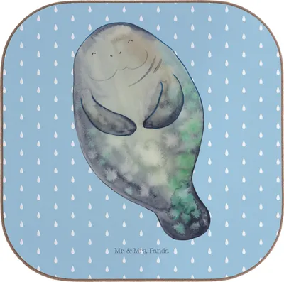 Produktbild von Mr. & Mrs. Panda Untersetzer für Gläser Seekuh Happy - Blau Pastell - Geschenk, Holzuntersetzer, Achtsamkeit, Tischuntersetzer, gläseruntersetzer, Coaster, Neustart, Meer