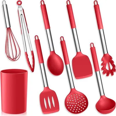 Image de set de 9 ustensiles de cuisine en silicone avec poignée en acier inoxydable - résistant à la chaleur et antiadhésif
