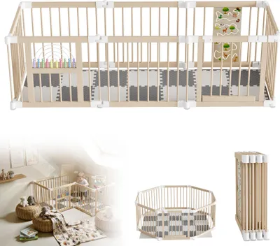 Image de Parc pour bébé LZQ, sûr et stable, grand parc pliable en bois avec porte, réglable, 8 éléments, sûr pour les enfants, tapis de sol inclus