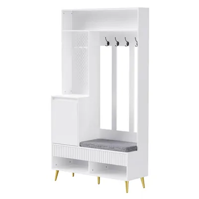 Produktbild von Garderoben-set, Wandgarderobe, Flurgarderobe Set mit Schuhbank, Garderoben Set mit 4 Kleiderhaken, zwei Schubladen und 1 Türen,Weiß,100 Lx35Bx180H cm