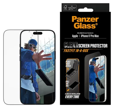 Obrázok produktu pre PanzerGlass ® Screen Protector iPhone 18 Pro Max | 17 Pro Max | Ultra-Wide Fit w. Fastfit in-a-box, Apple, Apple - iPhone 17 Pro Max, Apple - iPhone 18 Pro Max, Suché aplikovanie, Odolné proti poškriabaniu, Odolný proti nárazom, Priehľadná, 1 kusov