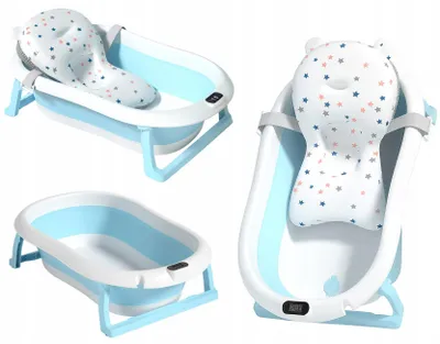 Immagine prodotto di Vaschetta per neonati - Vaschetta da bagno per bambini 72x40 cm - Vaschetta da bagno blu - Pieghevole - Con cuscino e termometro - ARIEL