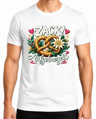 Imagen del producto de Zack Aufgebrezelt: Bretzel, Edelweiss. Camiseta tradicional, pantalones de cuero, vestido tradicional. Camiseta para hombre, color blanco, talla M