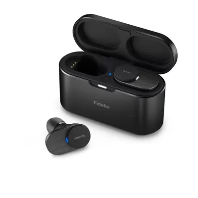 A pair of black wireless earbuds and their charging case are displayed on a white background.