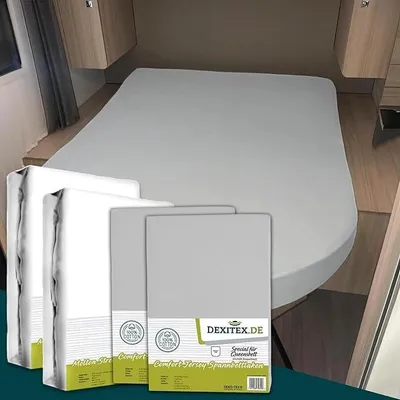 Produktbild von Dexitex Jersey-Spannbettlaken 4er Set – 2 Molton + 2 Spannbettlaken für Queensbett 135–160x210 cm – Wohnmobil & Wohnwagen – 100% Baumwolle – Hellgrau