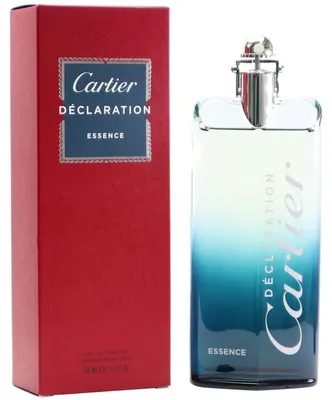 Verpackung und Flakon von Cartier Déclaration Essence, rote Parfum-Box neben gläsernem Flakon mit silbernem Sprühkopf und blauem Farbverlauf.