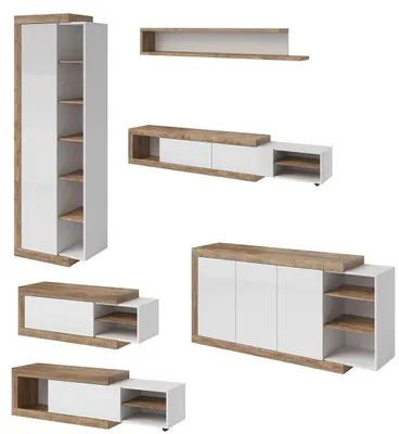 Produktbild von Wohnzimmer-Set Saragossa 5-teilig Anbauwand Grifflos weiß Hochglanz Samdal Eiche