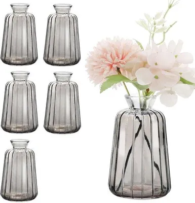 Immagine prodotto di Set di 6 mini vasi in vetro Unyqoos® – vetro trasparente e resistente, altezza 10,8 cm × diametro 6,7 cm, decorazioni vintage per tavola, ideali per matrimoni e feste