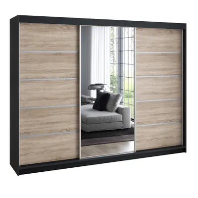 Produktbild von Schwebetürenschrank 200 cm, 3-türig, mit Spiegel & 4 Schubladen, Retro-Stil, modern, in Weiß/Schwarz/Sonoma – Kleiderschrank VILUNO 1