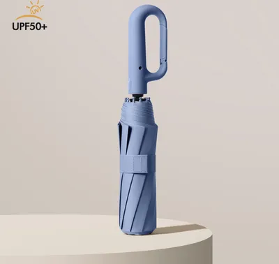 Produktbild von Extragroßer 125cm Automatik-Regenschirm, 10 Streben, Wasserabweisend, UV-Schutz 50+, mit Karabinergriff, Anti-Rutsch-Griff, Schutzhülle, Blau