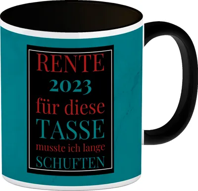 Produktbild von Rente 2023 Kaffeebecher in schwarz eine bunte Tasse für Rentner in blau