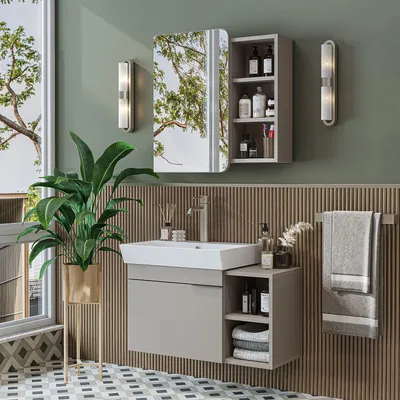Image de Skye Decor, Ensemble de meubles de salle de bain moderne (2 pièces) comprenant un meuble-lavabo et un miroir, finition pierre de sable