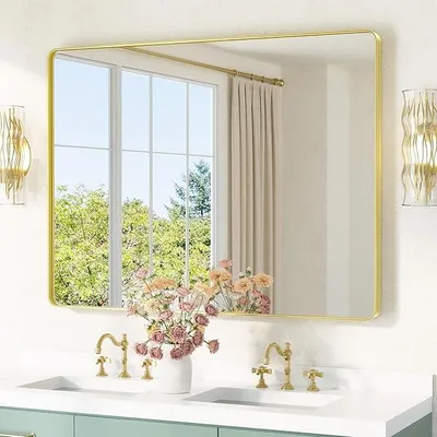 Produktbild von Wandspiegel Gold Ohne Beleuchtung, Rechteckig Badspiegel mit Runder Ecke, Metallrahmen Badezimmer Spiegel für Waschbecken, Gehärtetes Glas Dekorative Spiegel