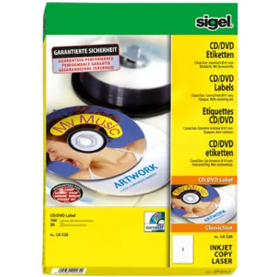 Produktbild von SIGEL LA526 CD-/DVD-Etiketten, Ø 117 mm, weiß, 100 Etiketten