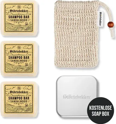 Produktbild von Störtebekker® Duschset - 3 x festes Shampoo (Sandelholz), Sisalsäckchen und GRATIS Seifendose - für die tägliche Pflege - Haar, Körper & Gesicht