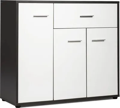 Zdjęcie produktu dla Kredens z 1 szufladą i 3 drzwiczkami, drewniana szafka do przechowywania, z regulowaną półką do kuchni, 88 x 30 x 70 cm, biało-szary
