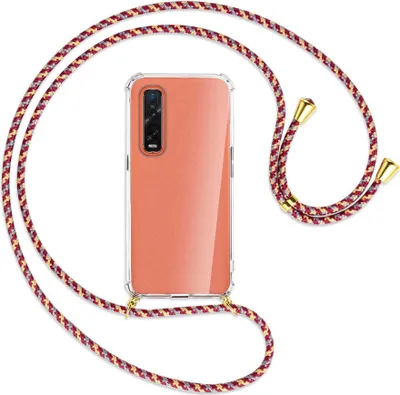 Produktbild von Handykette Backcover-Schutzhülle mit Band (Metall goldfarben) für Oppo Find X2 Pro - weinrot/gelb/grau