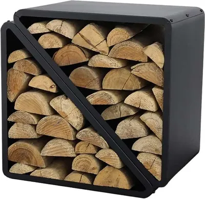 A black metal firewood rack filled with logs.