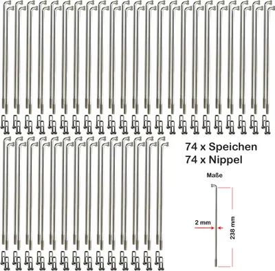 Produktbild von 74 Stück Speichen 238mm Spokes silber VERZINKT 2mm inkl. Messing Speichennippel