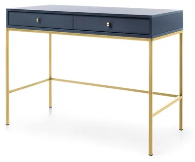 Zdjęcie produktu dla Toaletka z dwoma szufladami, w kolorze granatowym, z złotymi uchwytami, o wymiarach 104 x 50 x 78 cm