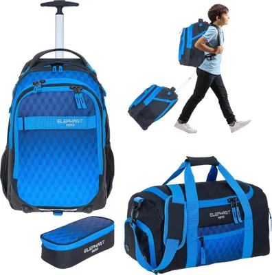 Produktbild von Schultrolley 3 Teile Set Elephant Hero Signature Trolley Rucksack Trolly Sporttasche Mäppchen Box Jungen Premium 12869 Dark Blue Cube Blau tsmb