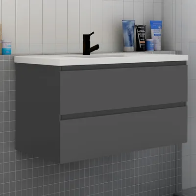 Produktbild von Badezimmermöbel 100cm CINIC-Serie Keramik Waschtisch mit Unterschrank Hängeschrank Badezimmerschränke mit 2 Schubladen Anthrazit