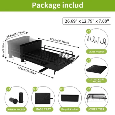 Obrázek produktu pro Odkapávač – výsuvný odkapávač na nádobí na pracovní desku – 47,5–67,8 cm – kov (železo) – velká kapacita – černý