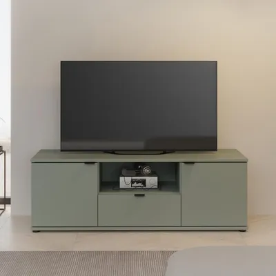 Produktbild von Forte GANYMEDE TV-Schrank 130, minimalistisches Lowboard, 2-türig, 1 Schublade, offenes Fach, Holzwerkstoff, Wohnzimmer, Salbei, 129,8 cm breit x 43,9 cm hoch x 41,3 cm tief