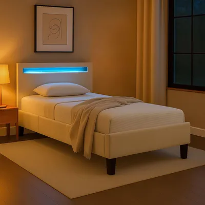Produktbild von Polsterbett BAGO 90 x 200 cm, inkl LED Beleuchtung - Jugendbett mit Lattenrost, Stoffbezug in Cremeweiß