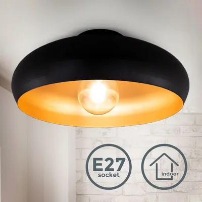 Immagine prodotto di Plafoniera vintage industriale, diametro 39.5cm, adatta per 1 lampadina E27 non inclusa, Lampada da soffitto elegante per salotto, Lampadario in metallo nero esterno e oro interno, IP20
