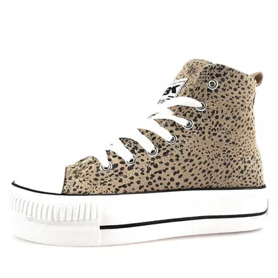 A side view of a single beige high-top sneaker with a leopard print pattern and a thick white platform sole, set against a plain white background.