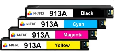 Four ink cartridges stacked diagonally on a white background.