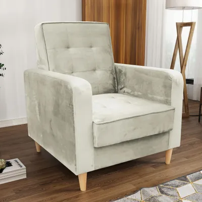 Image de Fauteuil en velours Bamako Fauteuil de salon avec pieds en bois Fauteuil rembourré pour le salon, tissu : paros 01 - crème