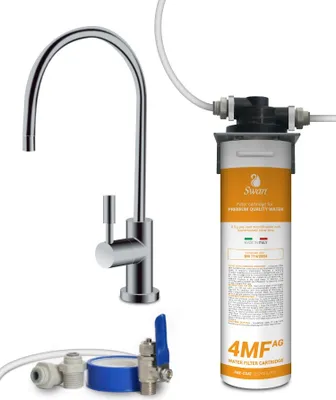 Immagine prodotto di Set completo di filtro acqua sottolavello Bellerofonte con rubinetto monouso, filtro Swan 4MF AG con carbone attivo e ioni d'argento, accessori di installazione