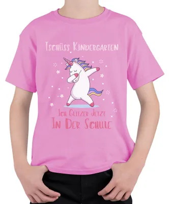Produktbild von Tschüss Kindergarten Ich Glitzer Jetzt in der Schule Einhorn Dab Kinder T-Shirt, Pink, 140