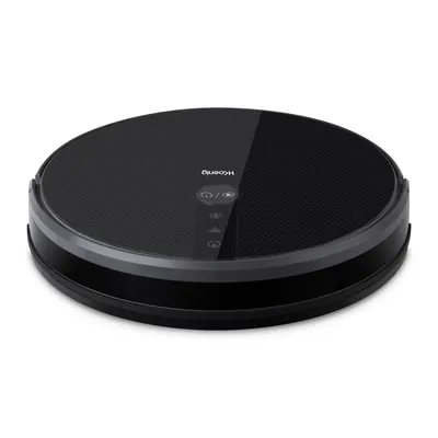 A black robot vacuum cleaner is shown from a slightly elevated side angle on a white background.