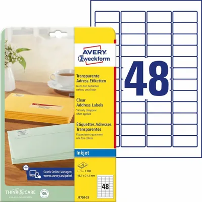Zdjęcie produktu dla Avery J4720-25, Przezroczysty, Zaokrąglony prostokąt, Na stałe, 45,7 x 21,2, A4, Poliester