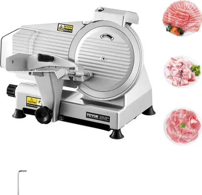 A commercial meat slicer is shown in a studio setting with several small images of sliced meat around it.