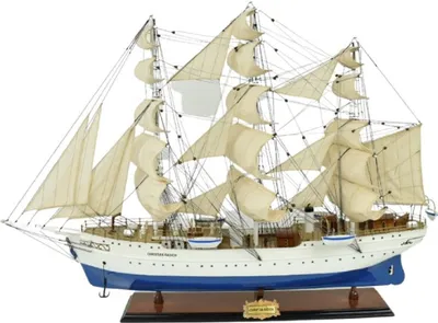 Produktbild von Casa Padrino Luxus Segelschiff Christian Radich Weiß / Blau 97 x 30 x H. 70 cm - Handgefertigtes Deko Schiff - Holzschiff - Modellschiff - Deko Accessoires - Luxus Wohnzimmer Deko