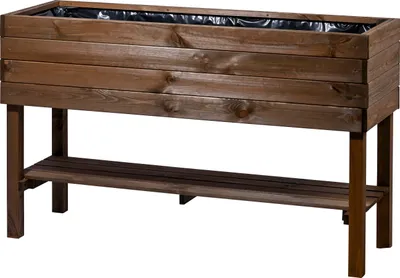 A wooden raised garden bed with a shelf underneath, shown against a white background.