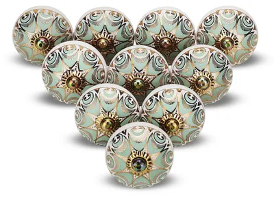 Produktbild von Keramische Türknöpfe, Schrankknöpfe für Küche, Kleiderschrank, Griffe, Kommoden, diverse Boho-Wohnaccessoires – grün und gold, (4 Stück)