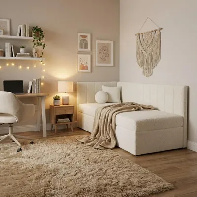 Produktbild von BEAUTYSOFA | Polsterbett 90x200cm RAFI Jugendbett mit Bettkasten & Topper – Eckbett aus Bouclé Beige, flexibel montierbar für Kinder- und Jugendzimmer